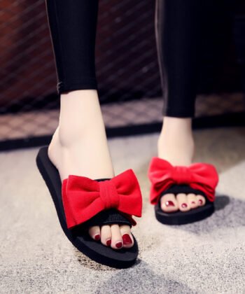 2021 Summer Slippers Women Shoes Bohemian Bow Slides Flat Shoes Woman Flat Slippers Casual Beach Shoes Red